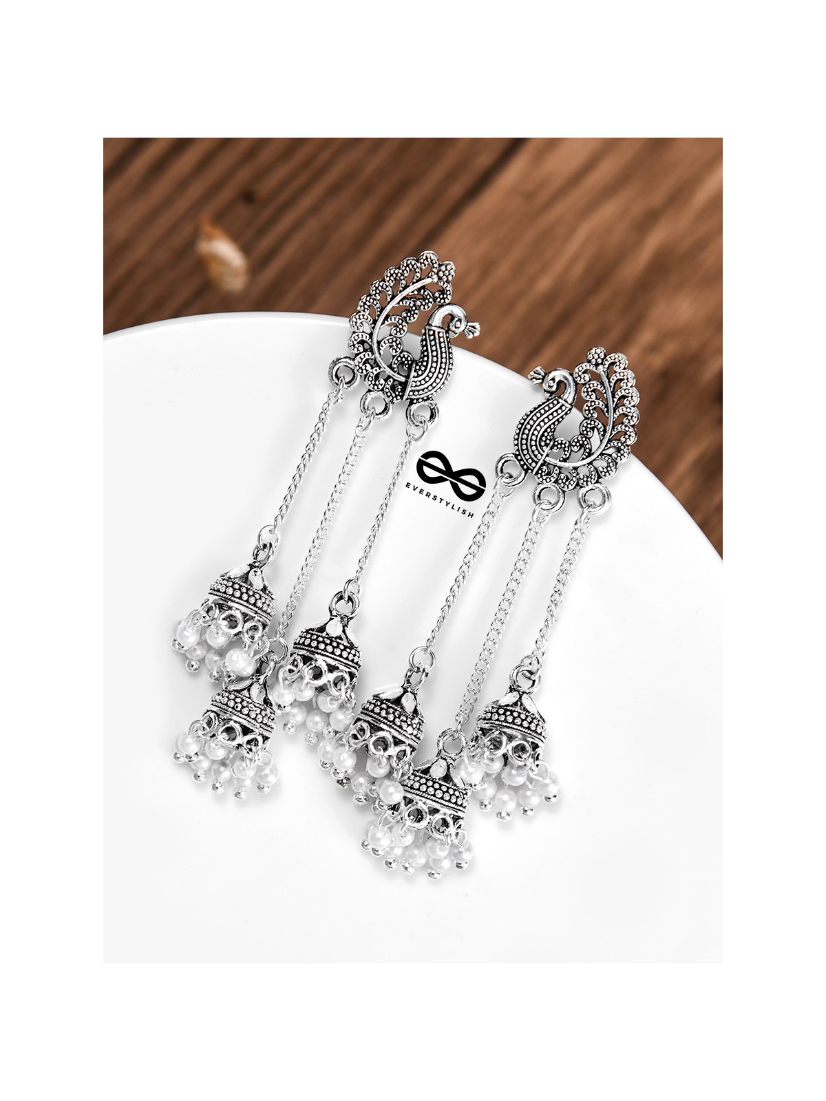 The Intricate Peacock Triple Hanging Jhumkis - Oxidised Boho Earrings